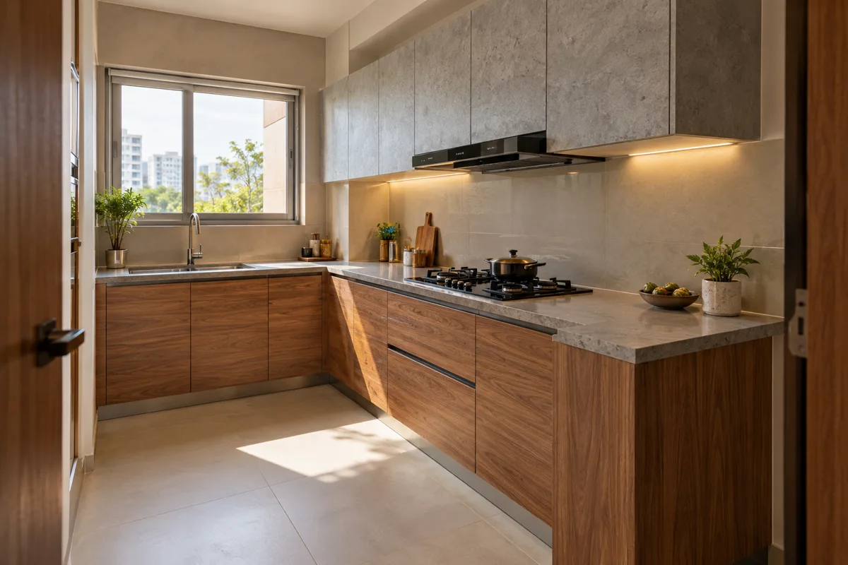 teak grey sunlit return small kitchen — AI concept