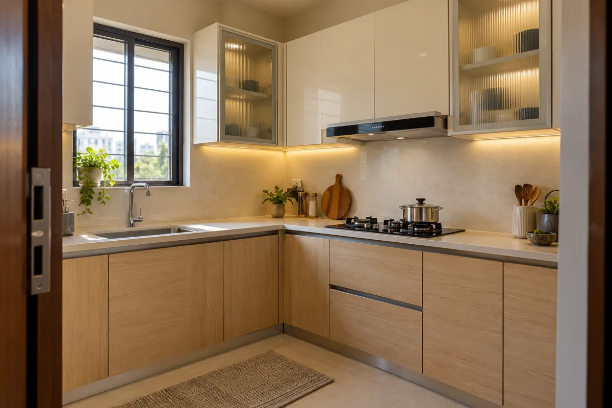 maple ivory glass ends small kitchen — AI concept