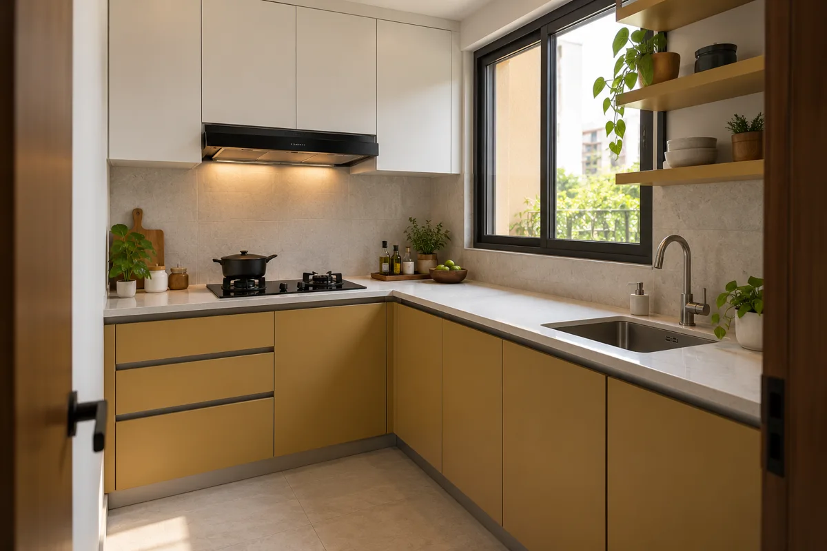 ochre porcelain window sink small kitchen — AI concept