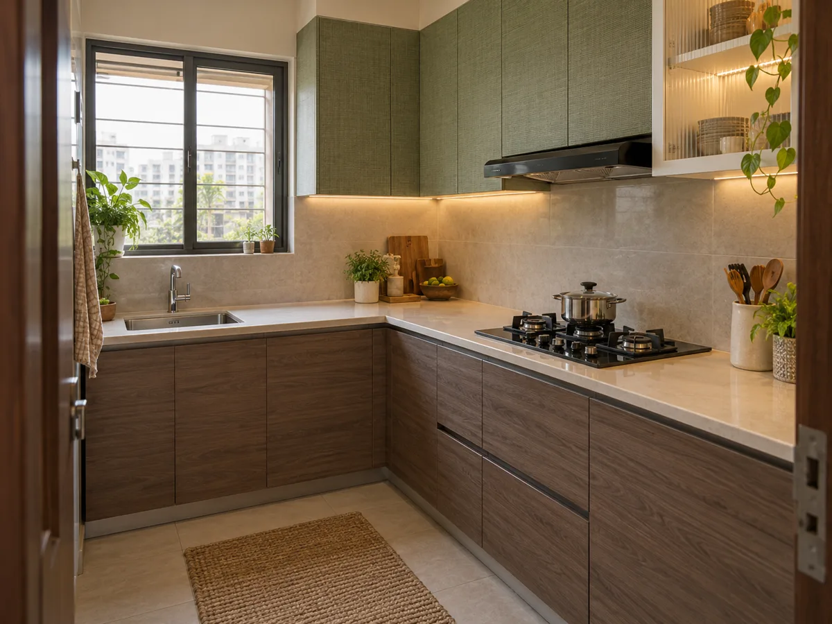 smoked oak sage open shelves small kitchen — AI concept