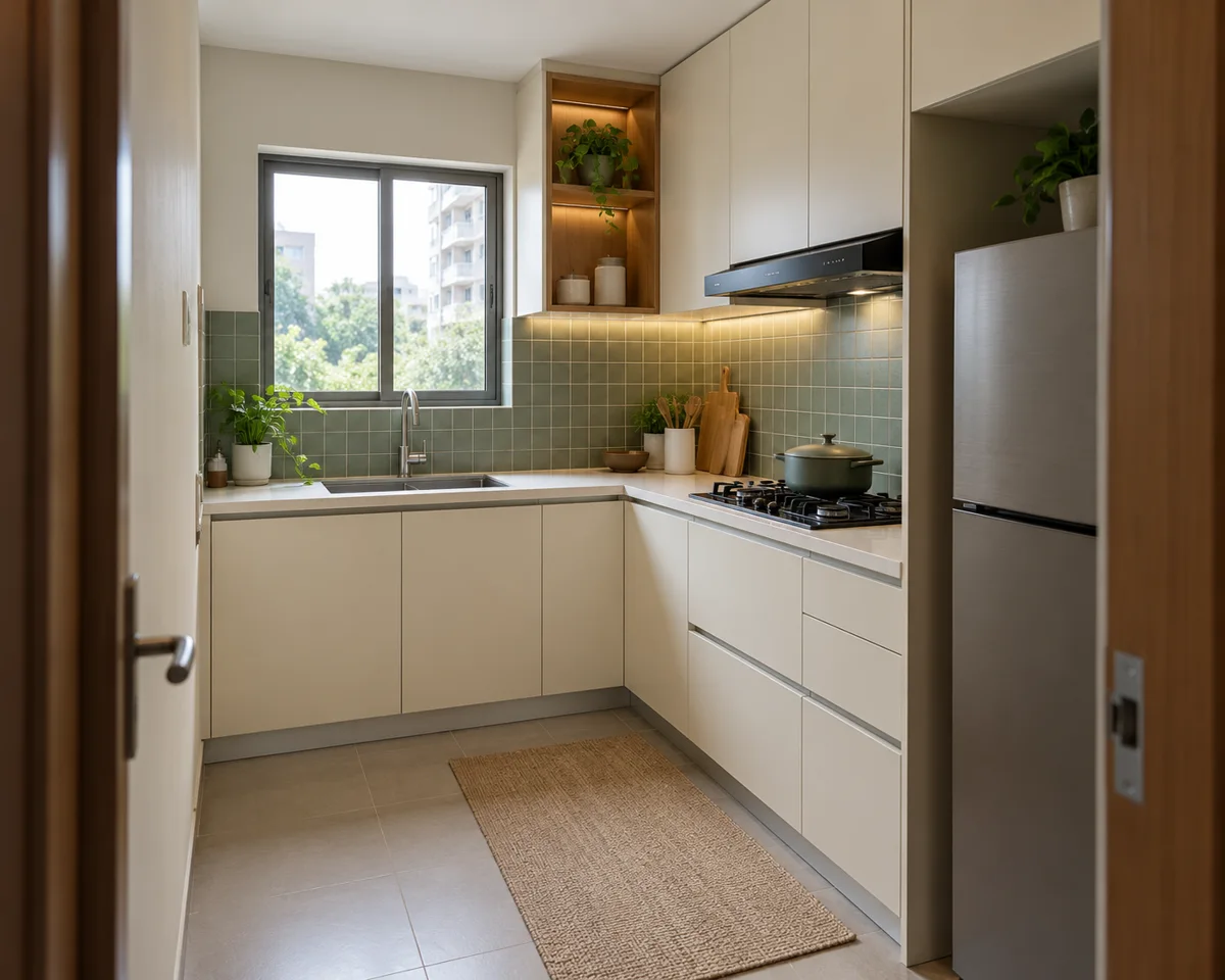 ivory sage fridge niche small kitchen — AI concept