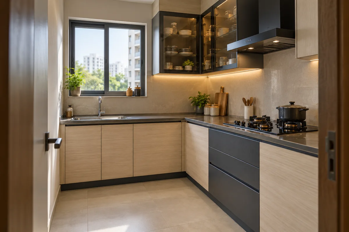 birch charcoal glazed corner small kitchen — AI concept