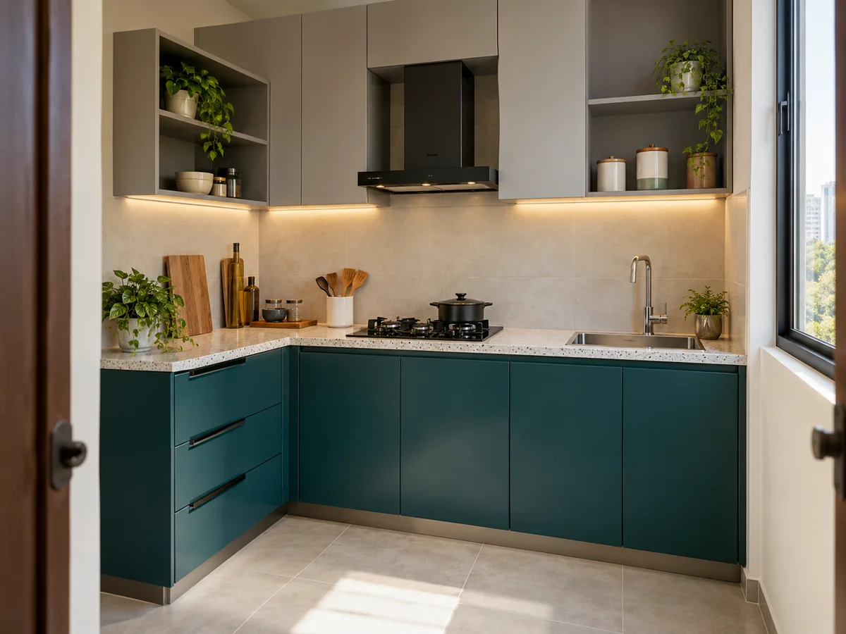 teal ash open upper ends small kitchen — AI concept