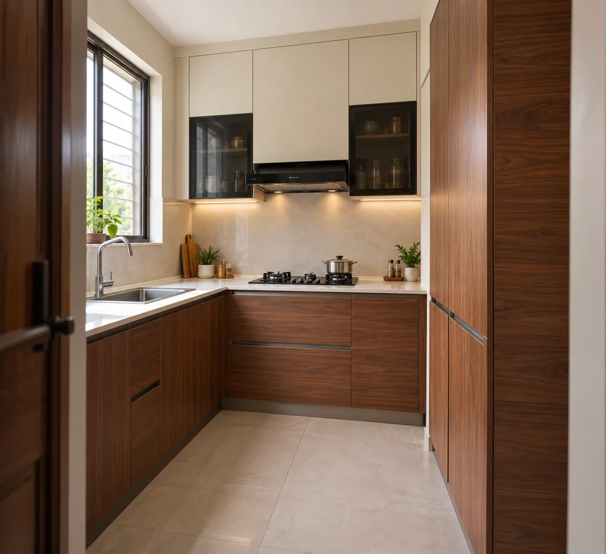 walnut white full height side small kitchen — AI concept