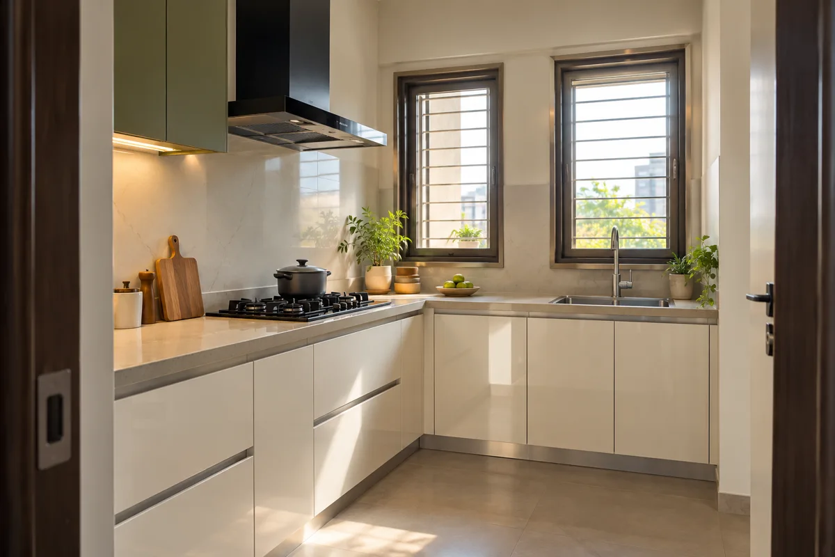 pearl olive twin window small kitchen — AI concept