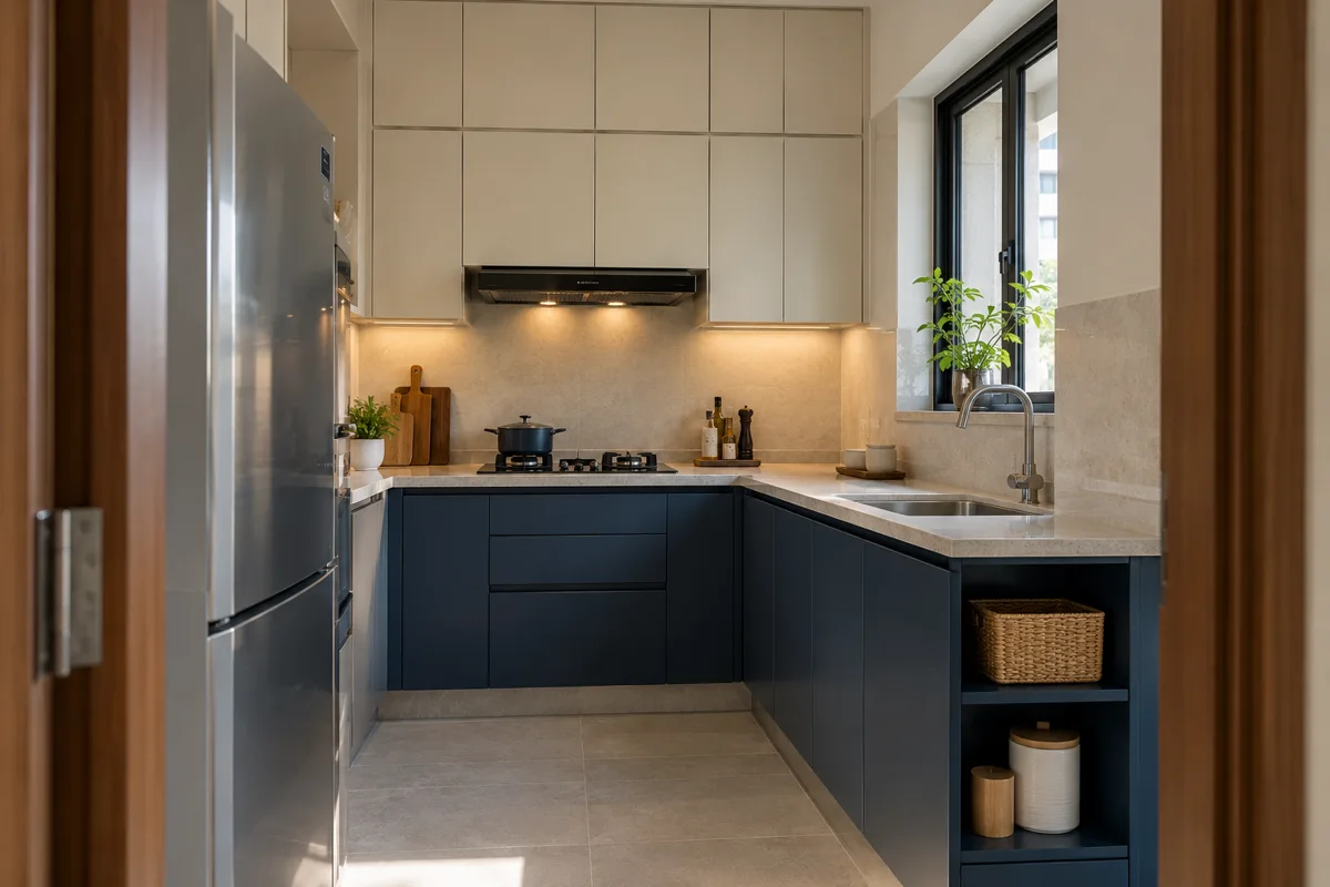 navy ivory lower cubby small kitchen — AI concept