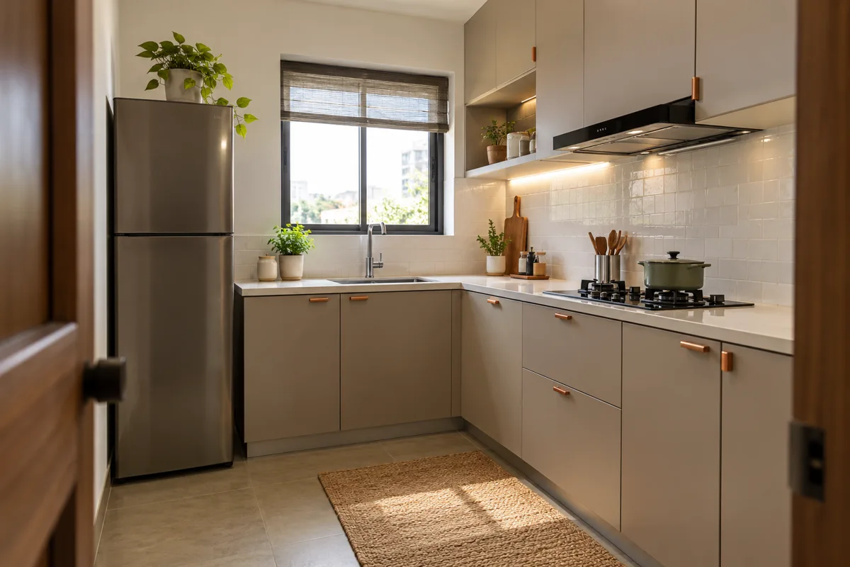 greige copper open loft small kitchen — AI concept