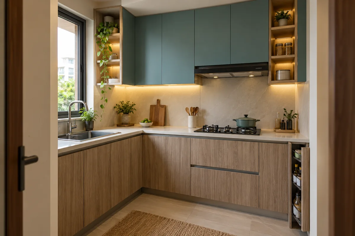 ash teal twin glazed ends small kitchen — AI concept