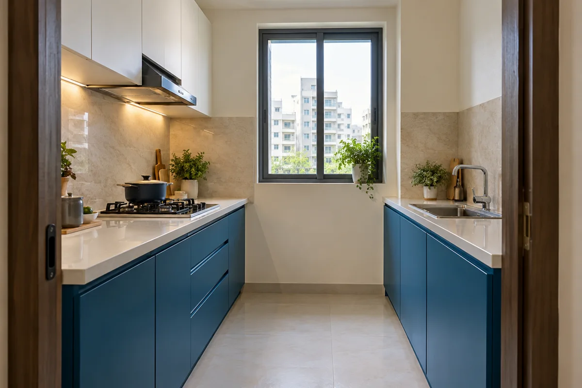 cobalt chalk split work runs small kitchen — AI concept