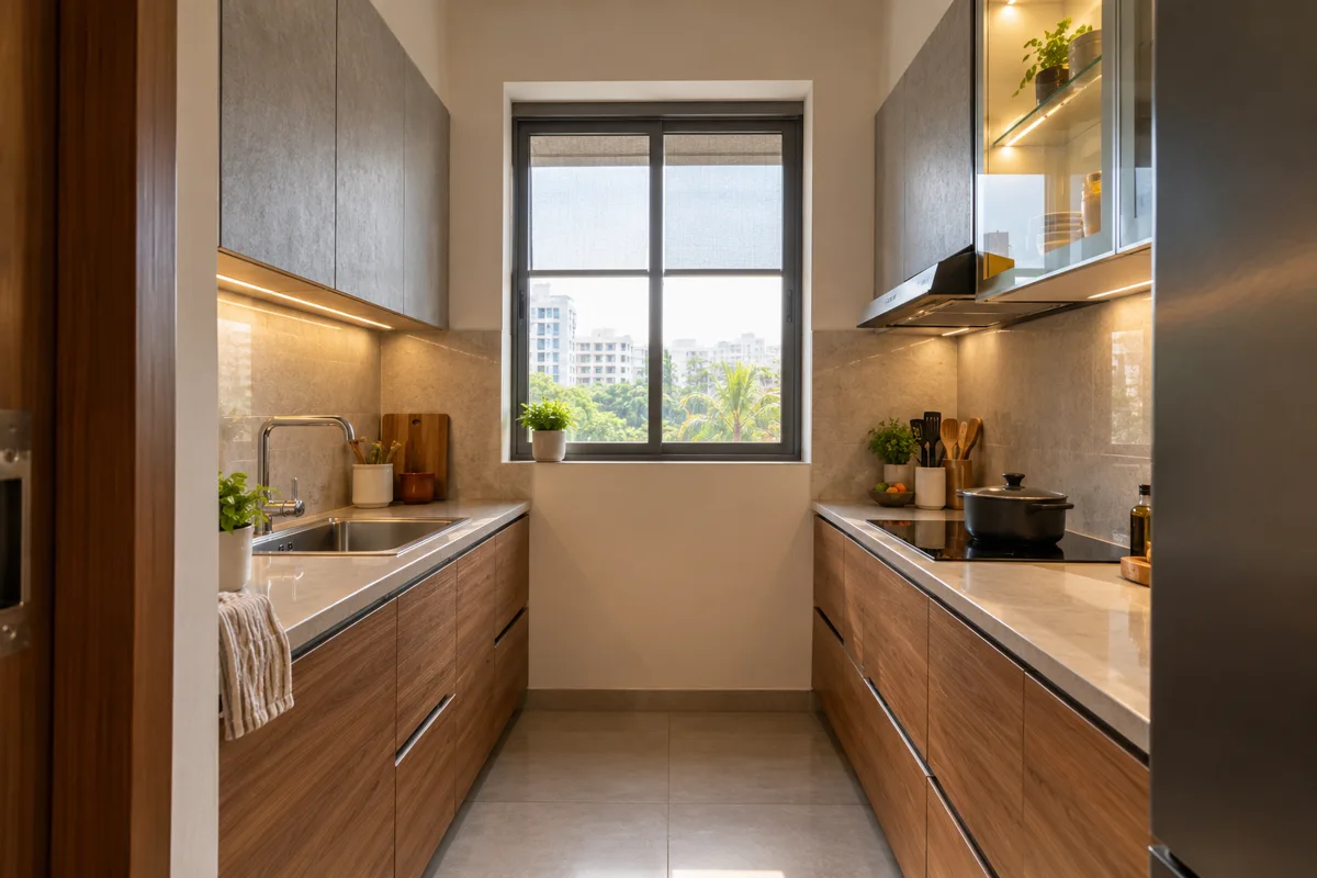 teak stone facing counters small kitchen — AI concept