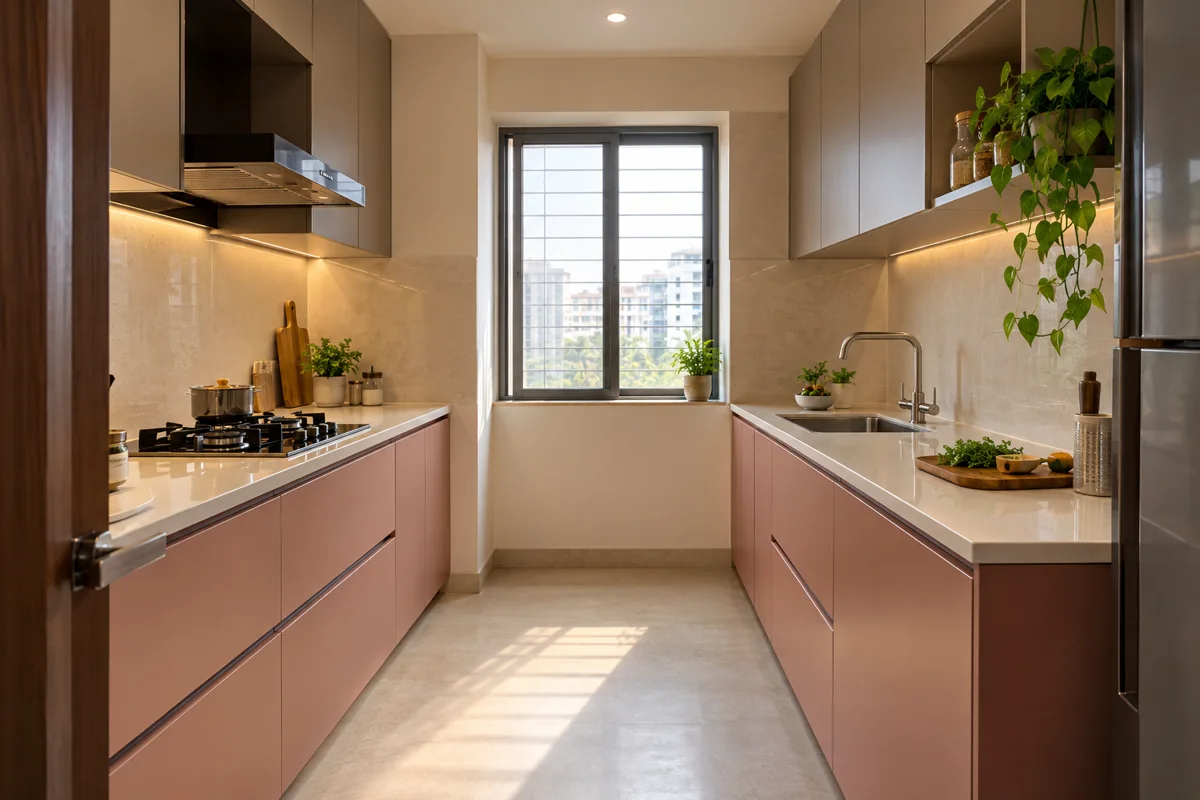 rose taupe facing drawers small kitchen — AI concept