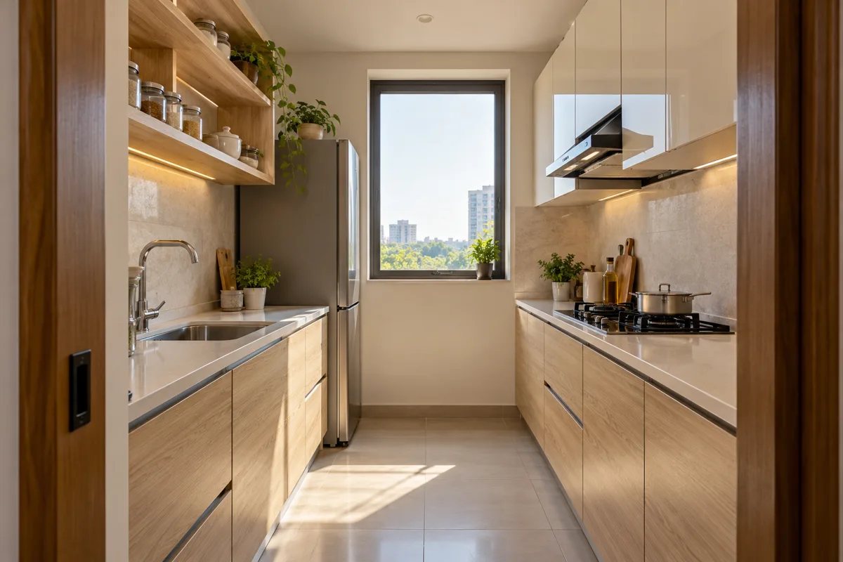 Small metal kitchen designs with oak laminate fronts and open dish shelves in a parallel layout