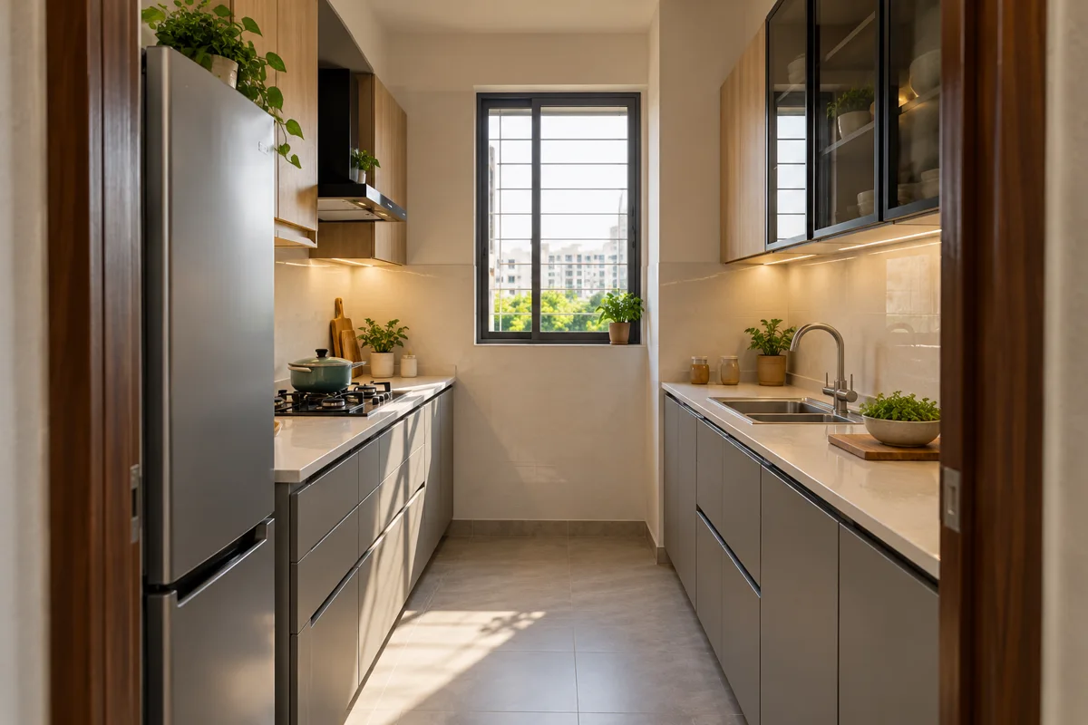 stone maple right glass small kitchen — AI concept