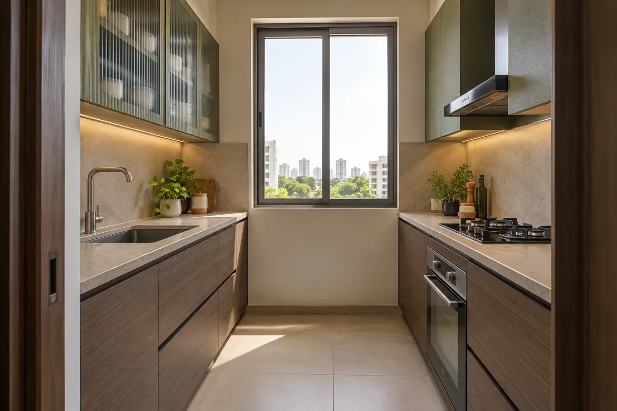 ash sage fluted upper band small kitchen — AI concept