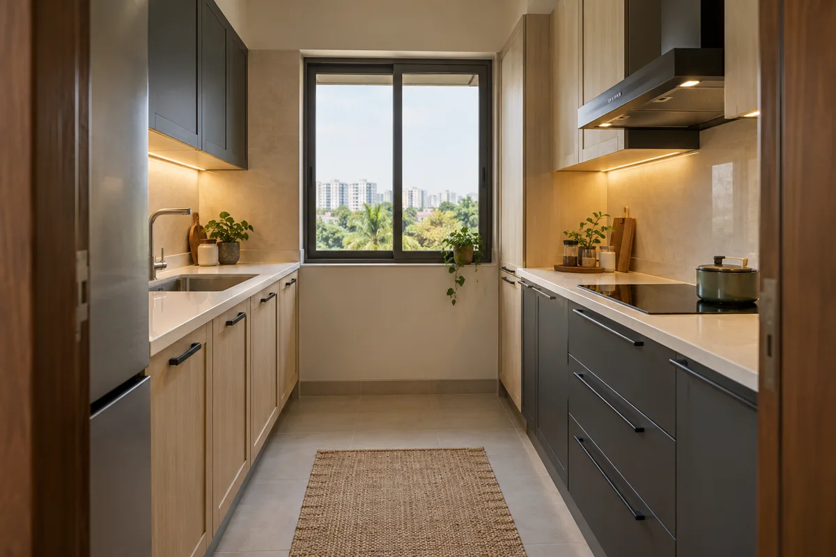 birch charcoal two tone galley small kitchen — AI concept