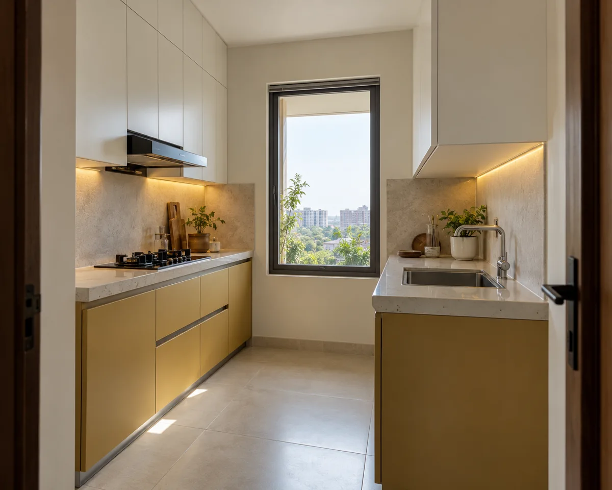 ochre white raised oven small kitchen — AI concept