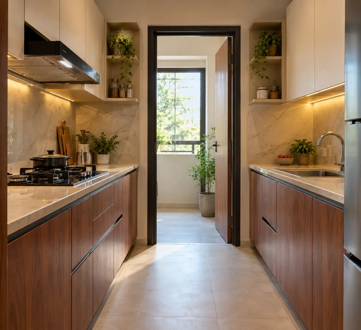 walnut white balcony door small kitchen — AI concept