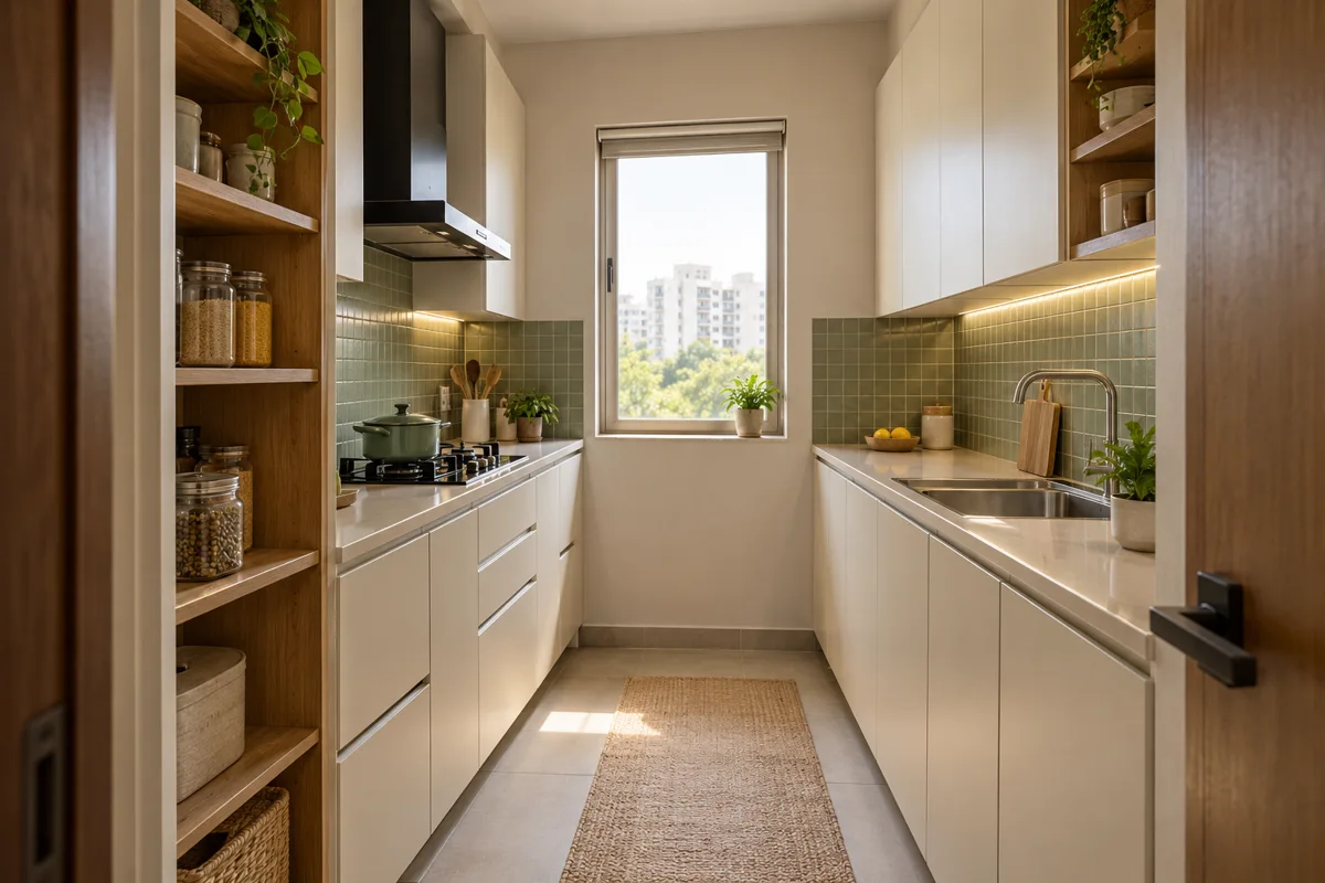ivory sage open tall shelves small kitchen — AI concept