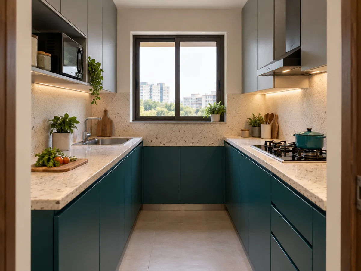 teal ash window bridge small kitchen — AI concept