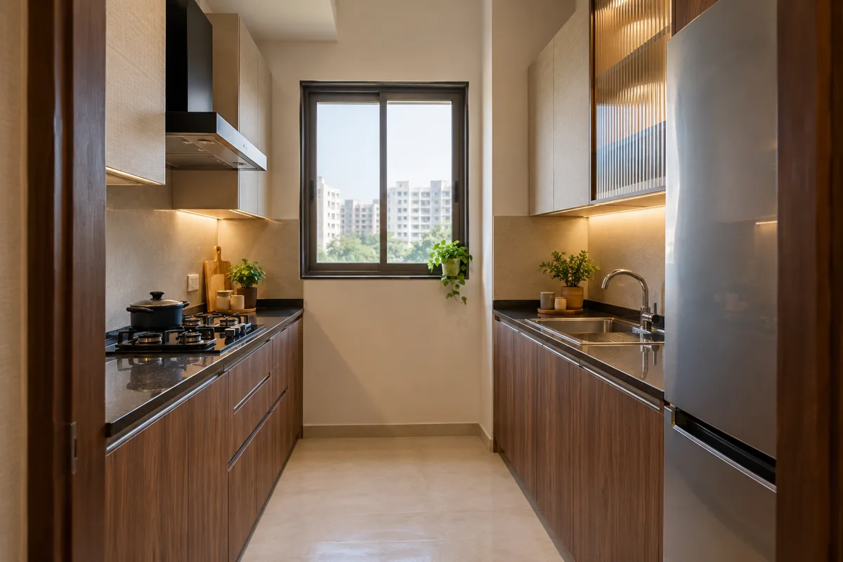 smoked oak sage appliance galley small kitchen — AI concept