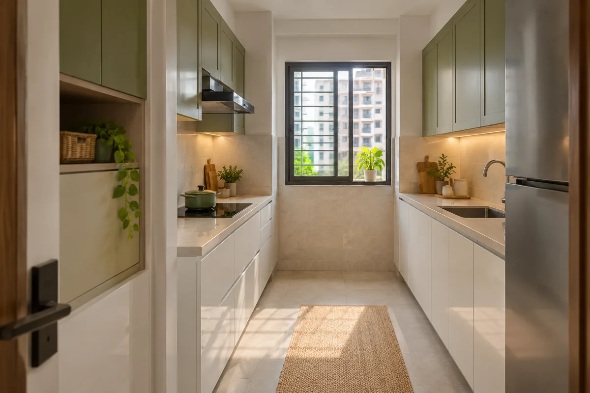 pearl olive refrigerator galley small kitchen with pearl glossy fronts, olive overheads, left upper open niche and right refrigerator