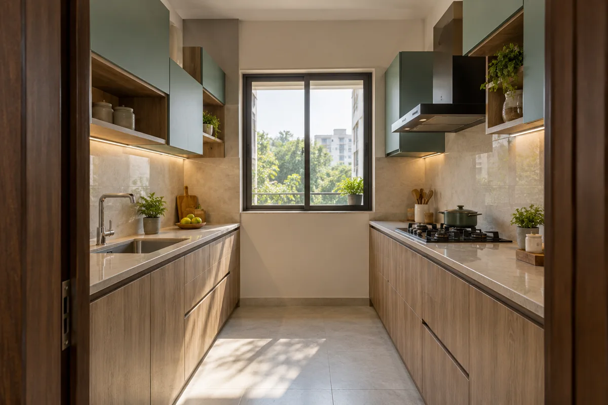 ash teal stepped display small kitchen — AI concept