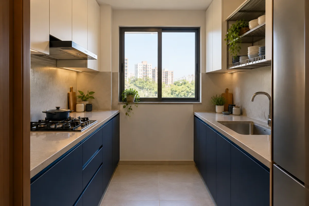 navy ivory shelf end small kitchen — AI concept