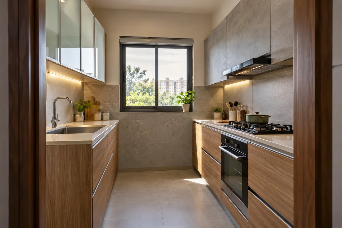 walnut white glazed overheads small kitchen — AI concept