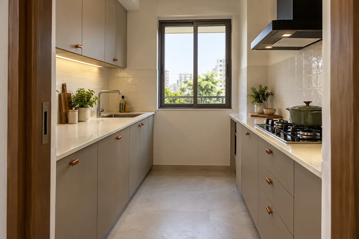 greige copper facing storage small kitchen — AI concept