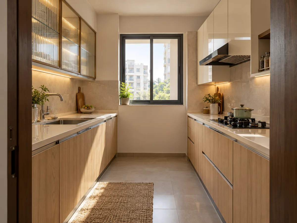 oak cream fluted galley small kitchen — AI concept