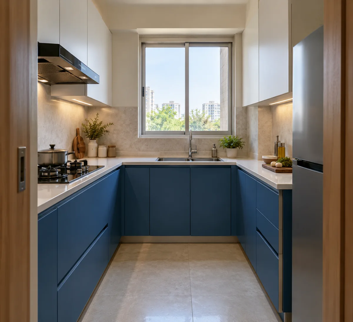 cobalt white window centre small kitchen — AI concept