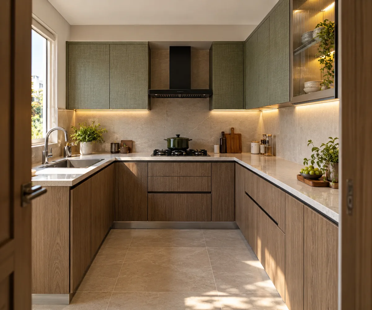 smoked oak sage glass end small kitchen — AI concept