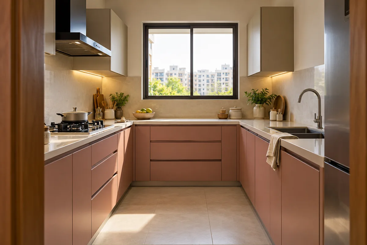 rose taupe window u small kitchen — AI concept