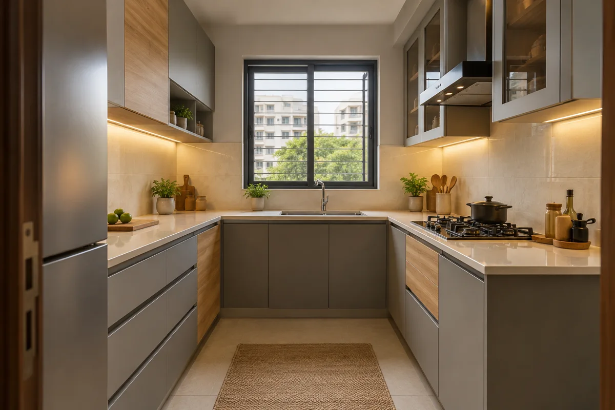 stone maple square glass u small kitchen — AI concept