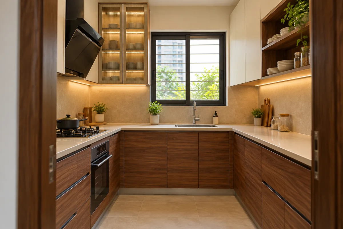 walnut white oven u small kitchen — AI concept