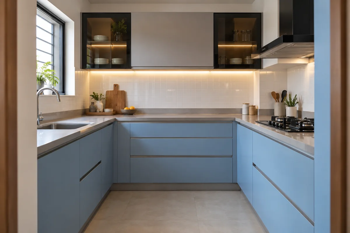sky putty twin glass u small kitchen — AI concept