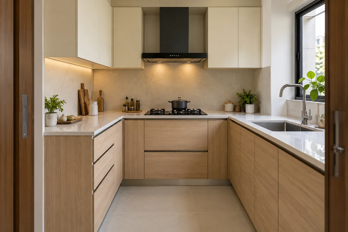 oak cream sink return u small kitchen — AI concept