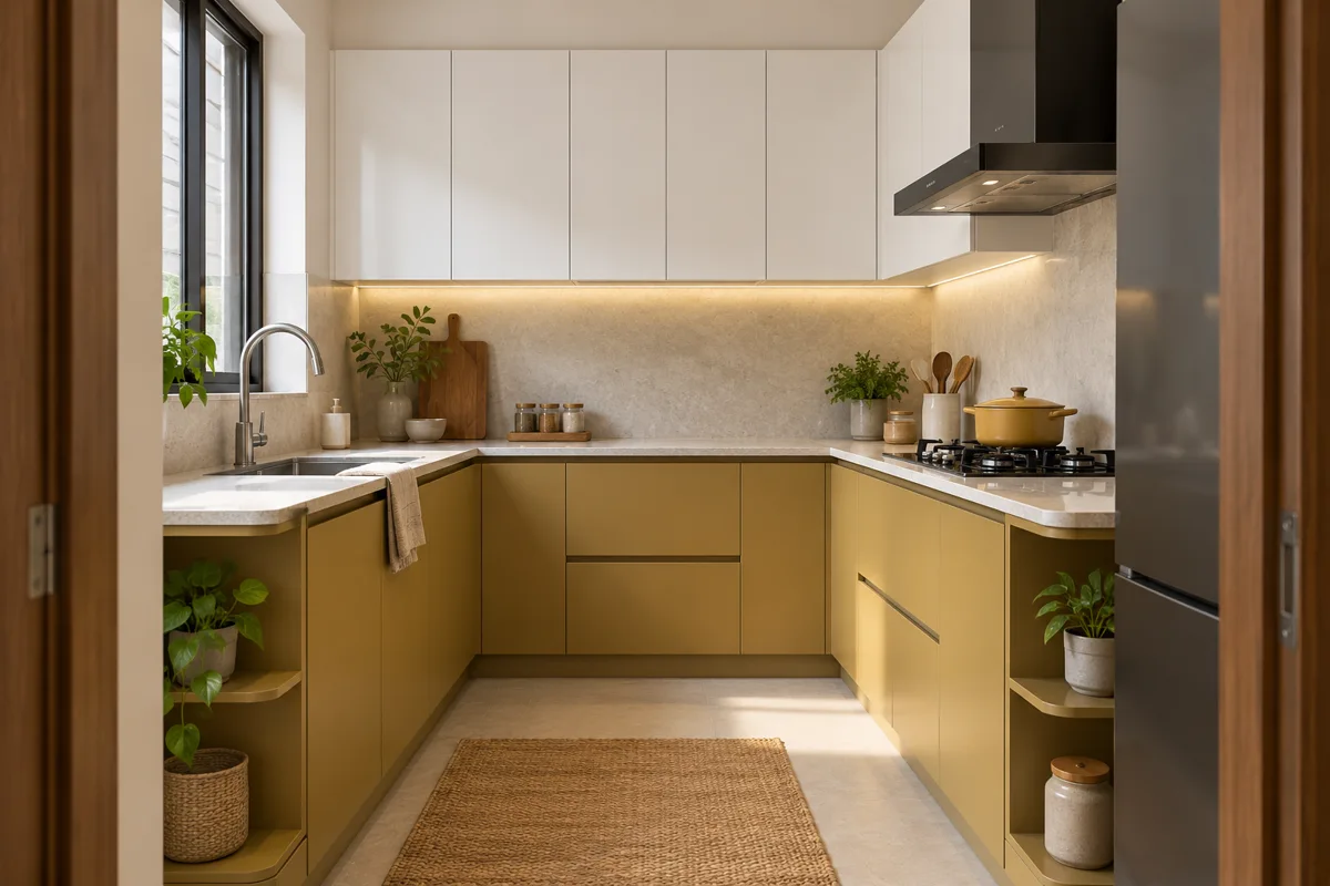 ochre white basket u small kitchen — AI concept