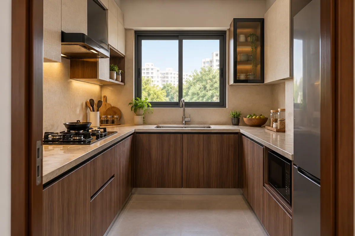 walnut white glazed end u small kitchen — AI concept