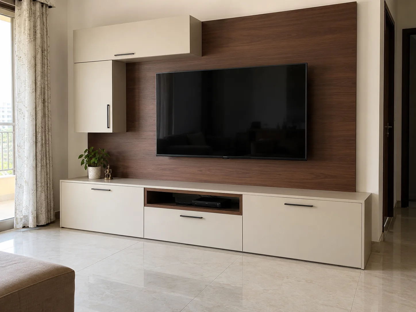 Aluminium ivory walnut concept from our TV unit designs collection