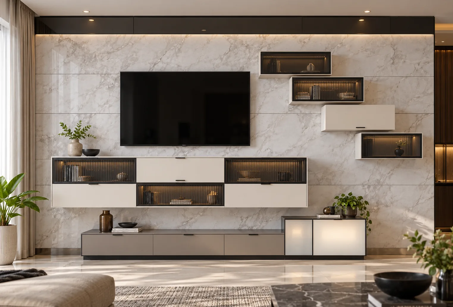 Aluminium Grid Stepped TV Unit AI-generated design concept