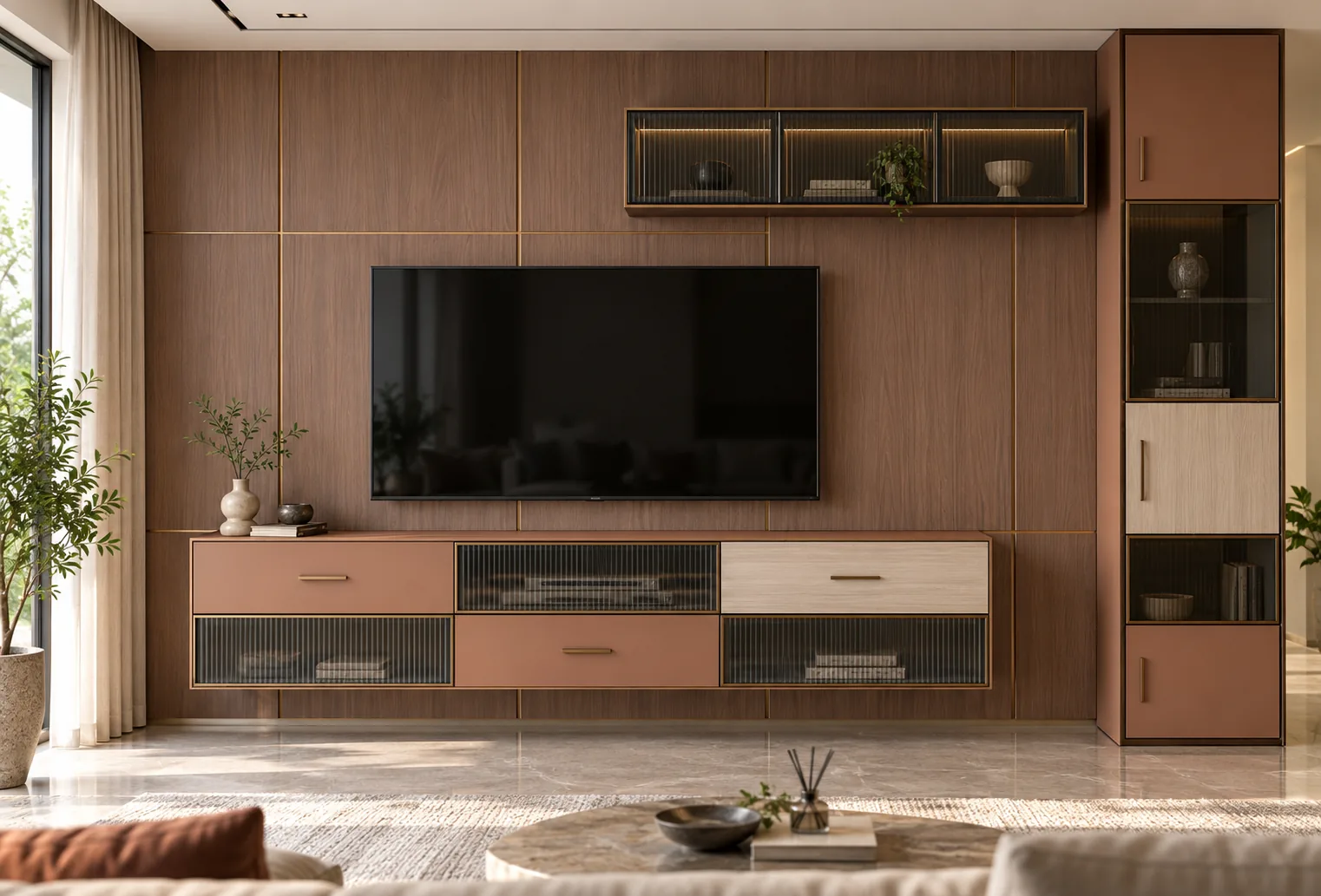 Aluminium Grid Fluted TV Unit AI-generated design concept
