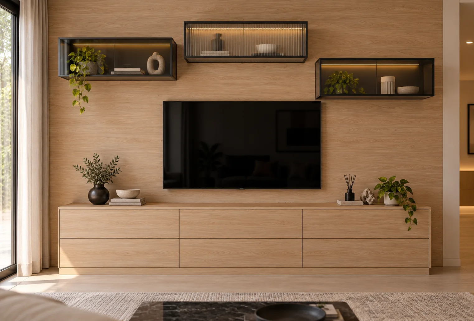 Aluminium Staggered Glass TV Unit AI-generated design concept