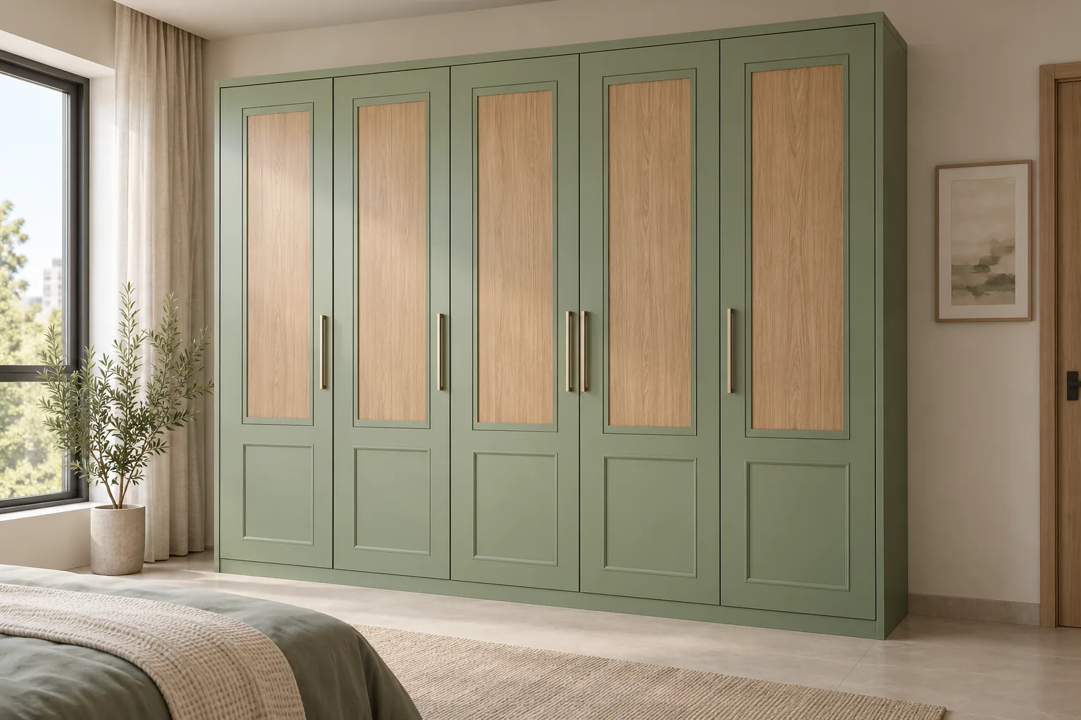 Aluminium Pistachio Wall Wardrobe with Wood Insets — concept render