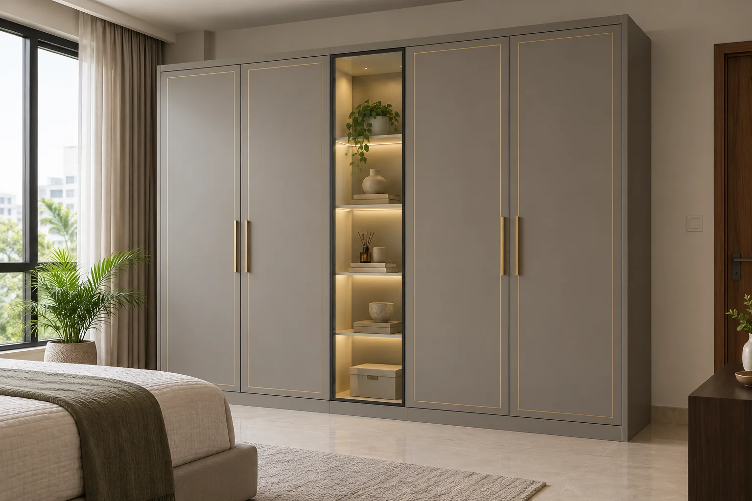 Aluminium Grey Wardrobe with Glass Display Centre — concept render