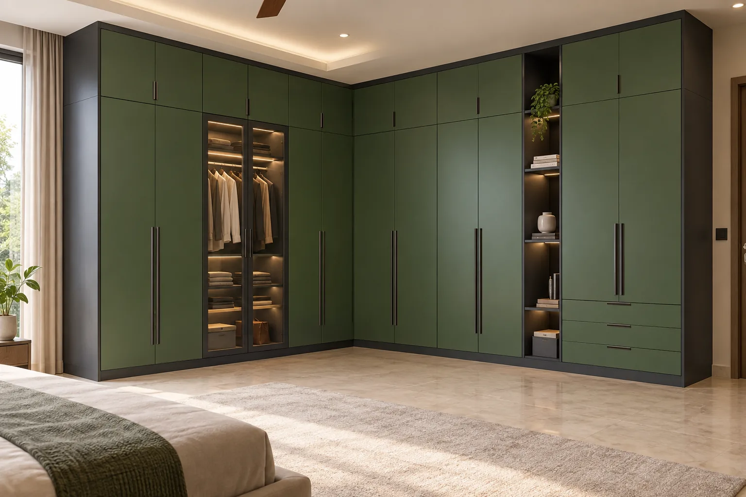 Aluminium Green L Shaped Wardrobe with Glass and Loft — concept render