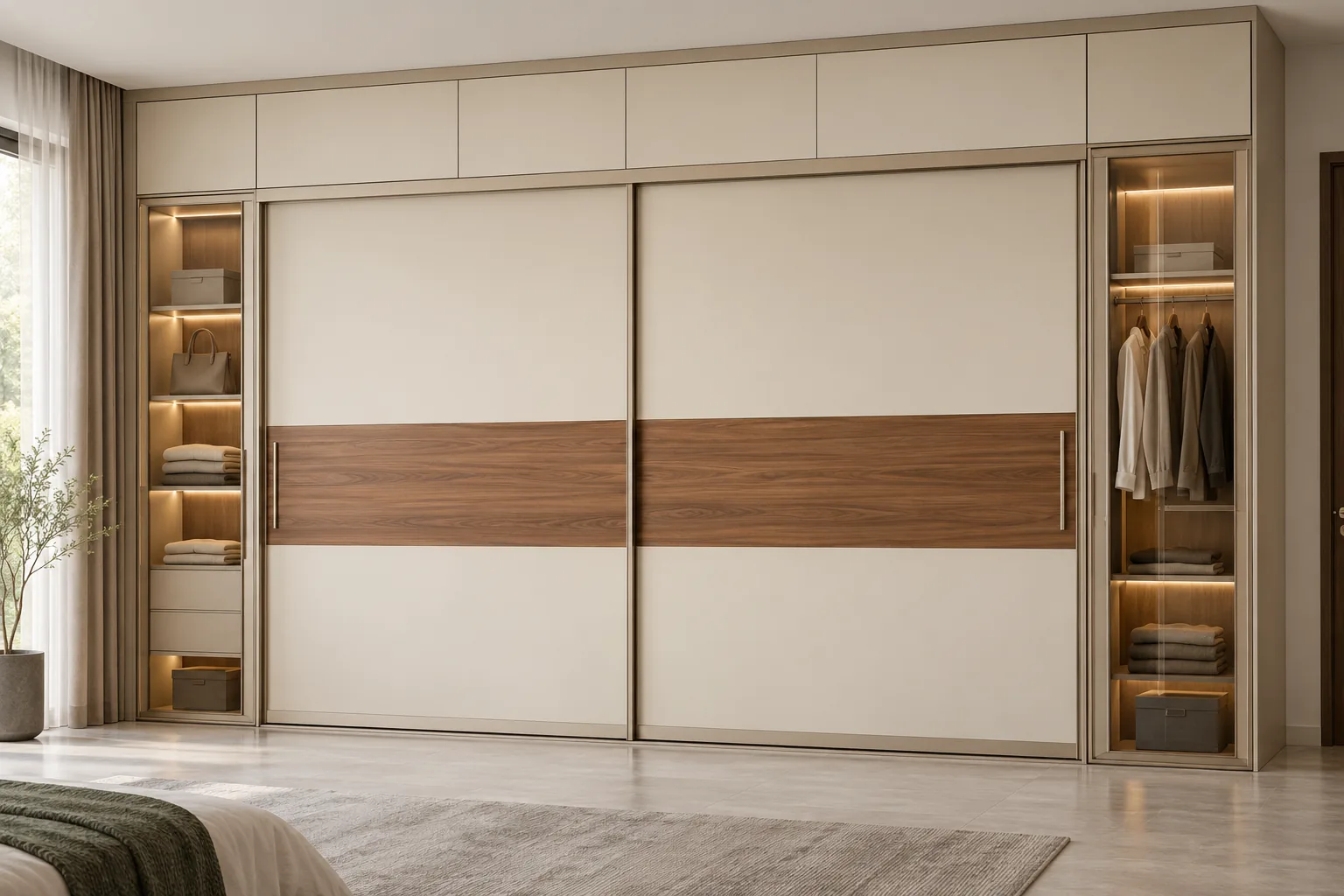 GI Ivory Sliding Wardrobe with Teak Bands concept
