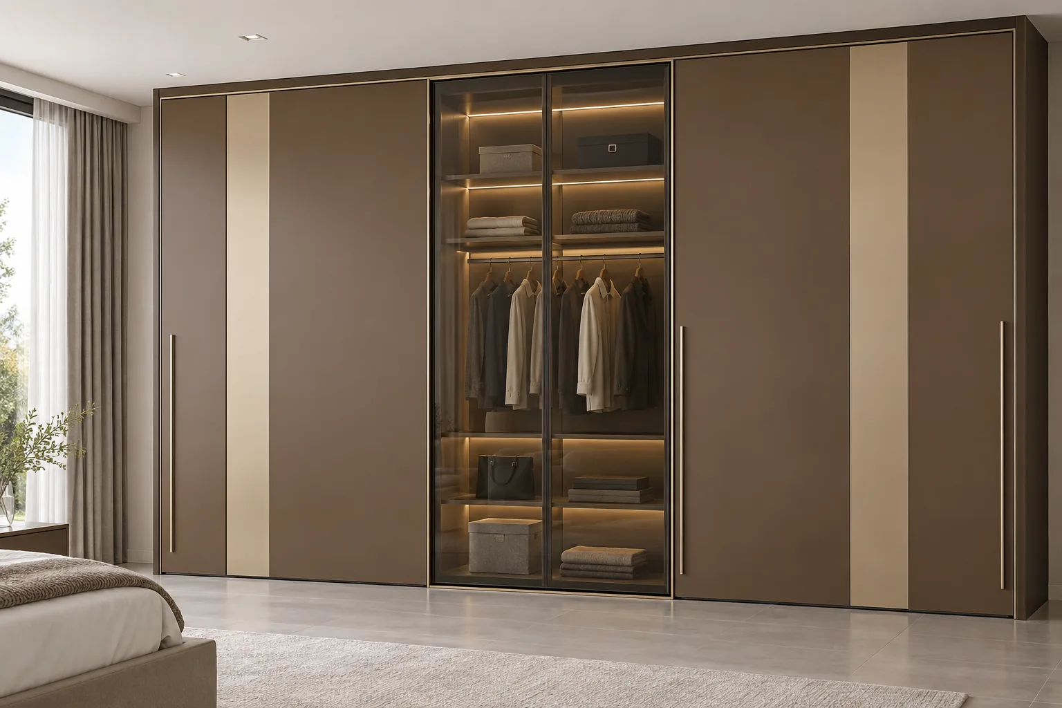 Aluminium Nutmeg Sliding Wardrobe with Glass Centre concept