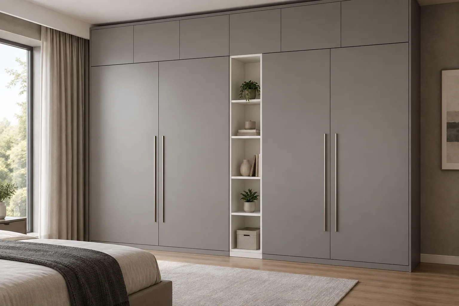 GI Grey Loft Wardrobe with White Open Shelves — concept render
