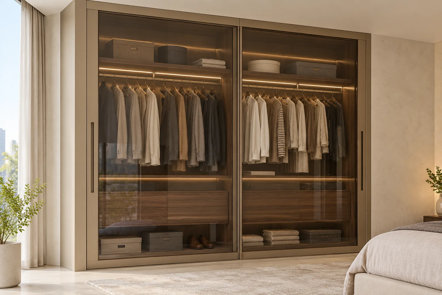 Aluminium Glass Sliding Wardrobe with Visible Storage — concept render